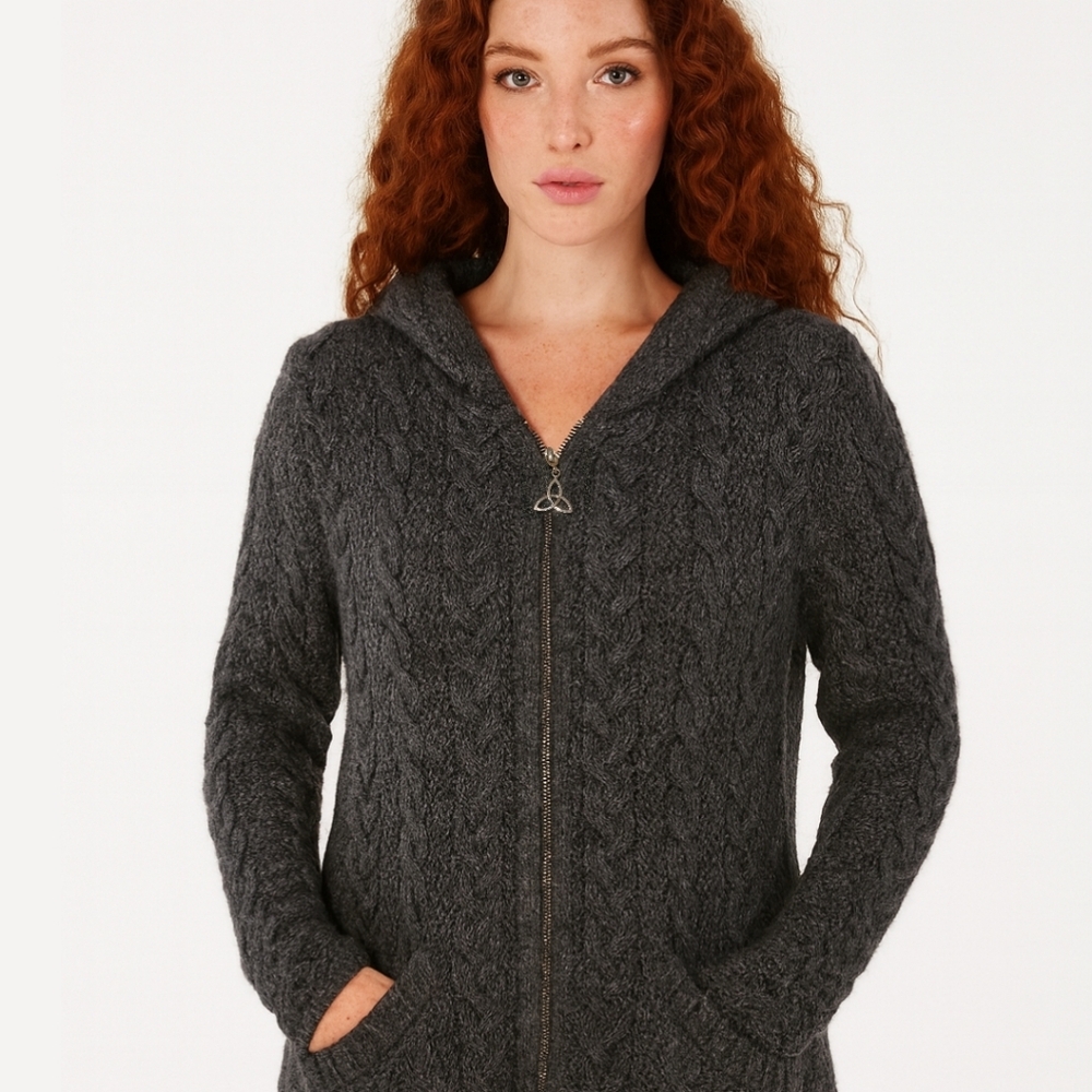 Inis Crafts Irish Cable Knit Merino Wool Hooded Cardigan— Charcoal